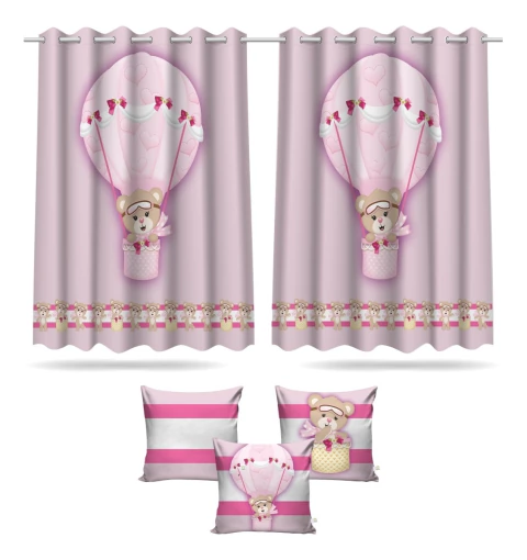 Kit Cortina + 3 Capas Almofadas Infantil Ursinha Baloeira