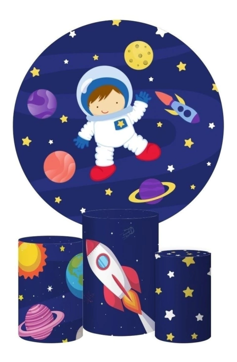 Trio Capa Cilindro + Painel Redondo Astronauta Tecido