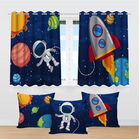 Kit Cortina Infantil Astronauta Menino + 3 Capas Almofadas - comprar online