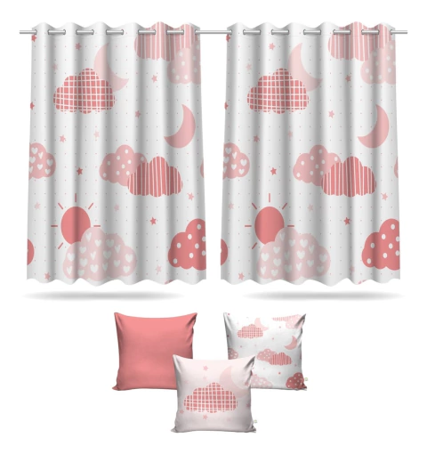 Kit Cortina + 3 Capas Almofadas Infantil Nuvem Rosa Mod 04