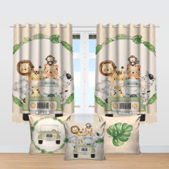 Kit Cortina + 3 Capas Almofadas Infantil Safari Baby 05 - decorandoegrudando.com.br