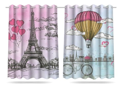 Cortina De Tecido Infantil Menina Paris Aquarela 2,60x1,50