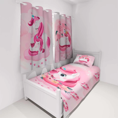 Jogo Lençol Cobre Leito Solteiro Cortina Unicórnio
