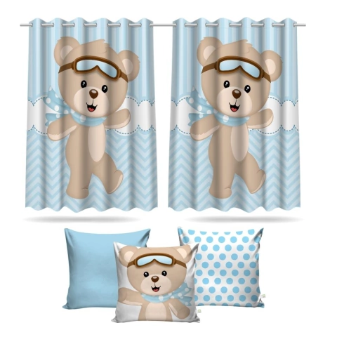 Cortina Infantil Ursinho Baloeiro Mod2 + 3 Capas Almofadas