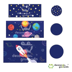 Trio Capa Cilindro + Painel Redondo Astronauta Tecido - decorandoegrudando.com.br