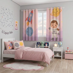 Kit Cortina + 3 Capas Almofadas - Astronauta Menina Tecido Tamanho 1,5 X 2,6 - loja online