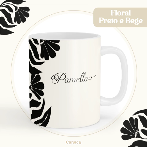 Caneca Personalizada - Floral Preto e Bege