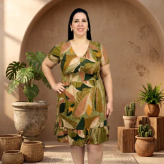 Vestido Feminino Plus Size Midi Gola V Manga Curta Estampado na internet