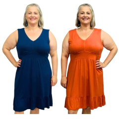 Kit 2 Vestidos Lisos Plus Size Regata Midi Gola V Frente Dupla