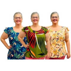 Kit 3 Blusas Plus Size Manga Dupla Moda Godê Estampadas
