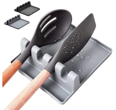 MIMO STYLE DESCANSO PARA UTENSÍLIO DE SILICONE CINZA COM 4 ESPAÇOS PARA ARMAZENAR E ORGANIZAR SEUS PREPAROS DE COMIDA. LIVRE DE BPA E RESISTENTE AO CALOR. PERFEITO PARA USO CULINÁRIO NA SUA COZINHA