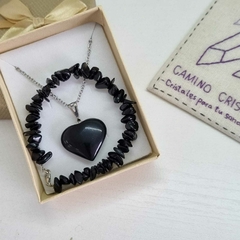 CONJUNTO CORAZÓN OBSIDIANA NEGRA