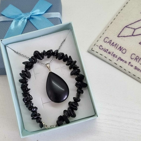 CONJUNTO GOTA OBSIDIANA NEGRA