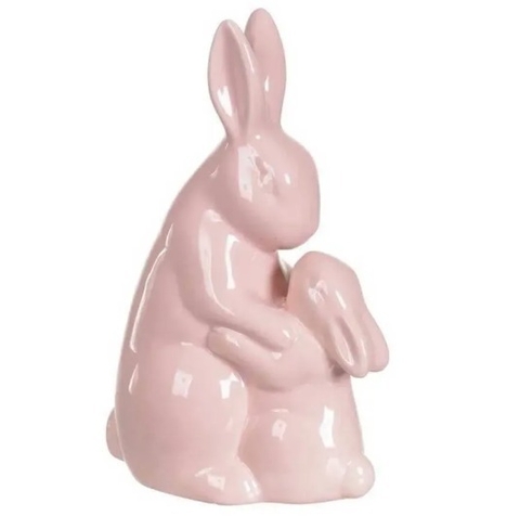 Pascoa Escultura Coelho Cerâmica Mae e Filho (rosa)