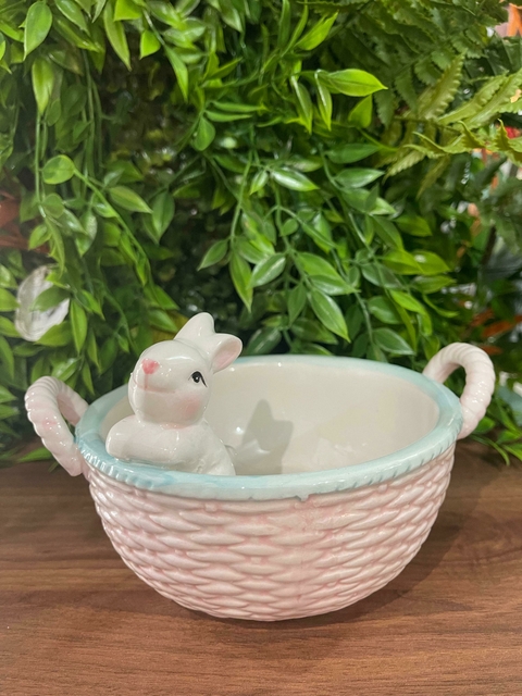 Bowl Decorativo C/Coelho e Alça Ceram.