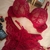 Conjunto de lingerie vermelha em renda com sutiã e duas calcinhas delicadas sobre superfície clara, acompanhado de batom, pó compacto e colar de pérolas