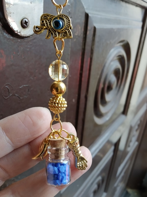 Chaveiro Elefante, Olho Grego, Figa, Pimenta, Sal Grosso com Anil/1ml/Dourado