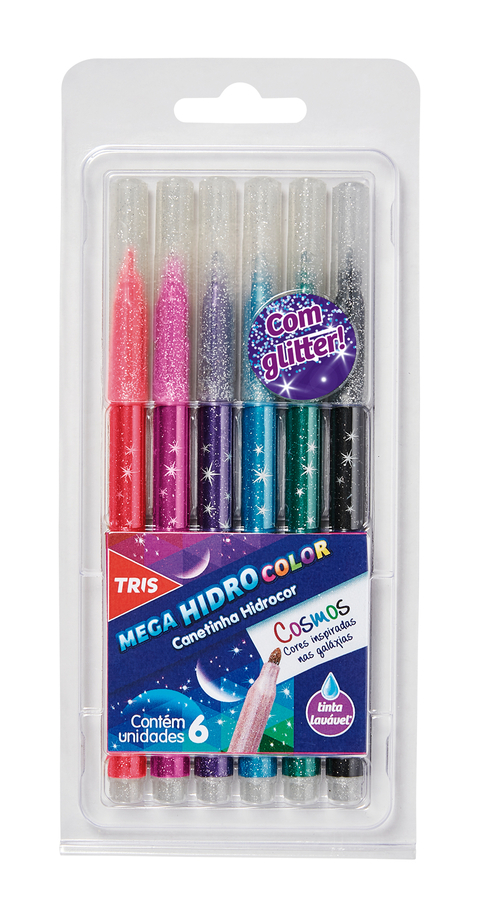 Caneta Hidrocor Ponta Fina Tons Cosmos Glitter 6 Cores Tris