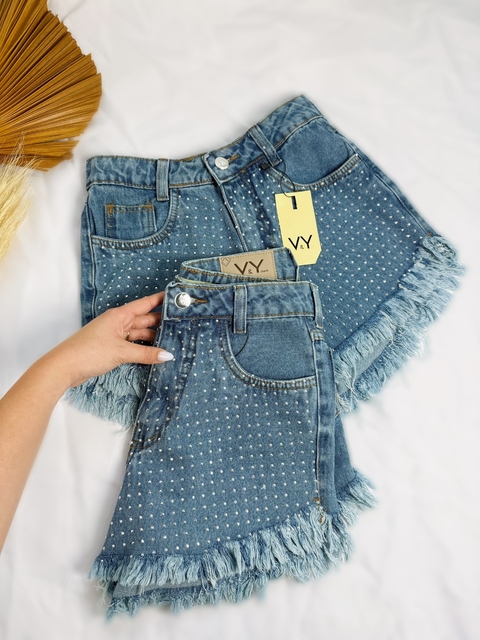 Short Jeans Bia Feminino Desfiado Pedraria Pedrinhas Brilho Com Bolso Melhor Qualidade