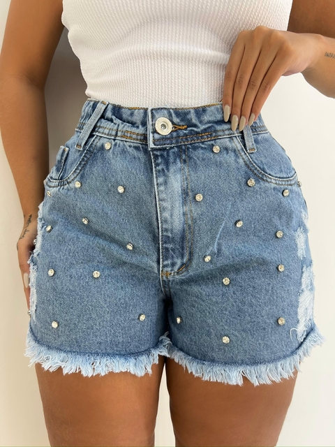 Short Jeans Feminino Marmorizado Pedraria - comprar online