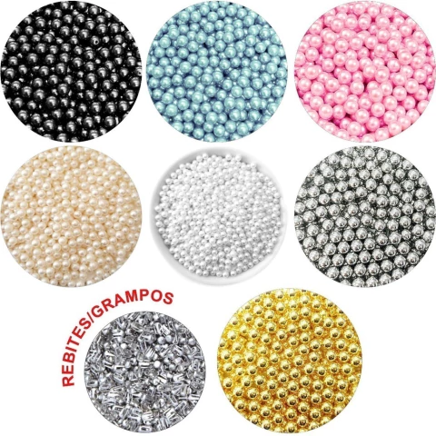 200 Perolas Abs 6mm Colorida+ 200 Rebites Sem Furo - Inteira - comprar online