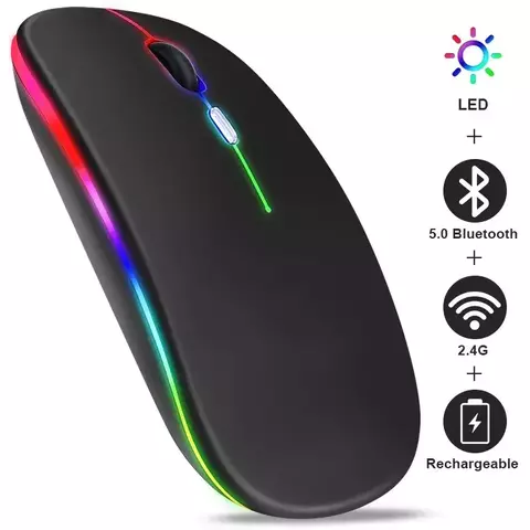 Mouse ergonômico sem fio para jogos, Mouse recarregável, RGB, Bluetooth, LED