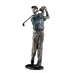 Estatueta de jogador de Golfe em resina e padrão metálico e detalhes . Escultura para decoração de aparador , sala , home office, mesa de trabalho de escritório , estante , consultório. Objetos de decoração em poliresina . Ideia de Presente para homem . A