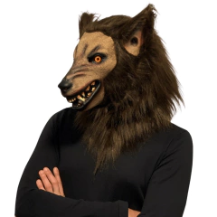 Mascara Realista de terror Lobisomem Lobo Mau sendo Cão Raivoso com pelos implantado olhos de acrílico . Máscara de terror com pelos de cor marrom. Lobisomem raivoso mostrando os dentes . Máscara de filme terror Halloween dia das bruxas cosplay carnaval F