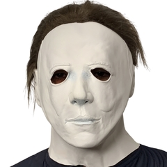 Máscara realista de Michael Myers, do filme Halloween de 1978, em látex com cabelo, ideal para cosplay e festas de Halloween.
