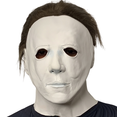 Máscara realista de Michael Myers, do filme Halloween de 1978, em látex com cabelo, ideal para cosplay e festas de Halloween.