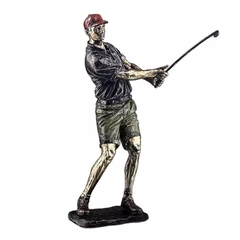 Estatueta de jogador de Golfe em resina e padrão metálico e detalhes . Escultura para decoração de aparador , sala , home office, mesa de trabalho de escritório , estante , consultório. Objetos de decoração em poliresina . Ideia de Presente para homem . A