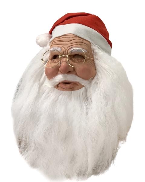 Máscara realista de Papai Noel com barba comprida, gorro vermelho e óculos dourados, ideal para fantasias de Natal.