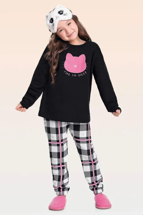 Pijama Longo Menina em Moletom Felpado com Estampa que Brilha no Escuro Gatinho - Fakini