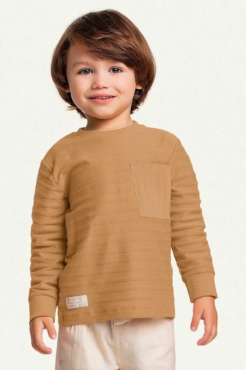 Camiseta Menino Manga Longa em Meia Malha Listras com Textura em Moletom Fakini