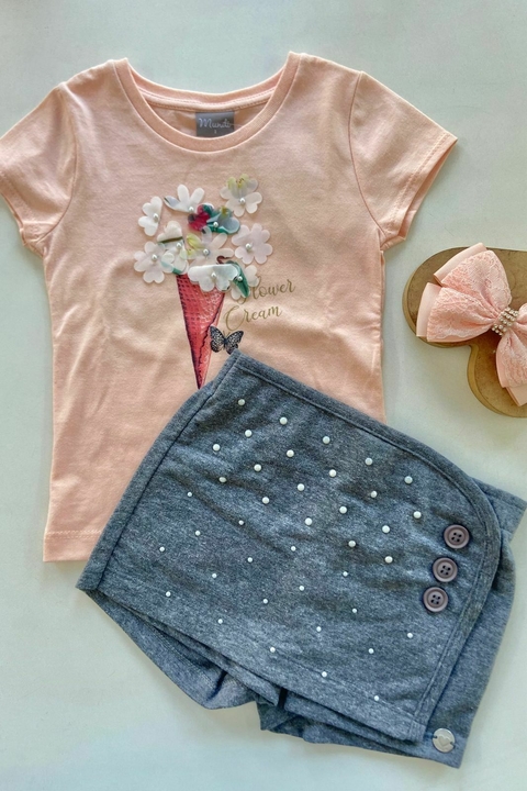 Conjunto Menina Blusa em Meia Malha e Shorts-Saia com Aplicação - Mundi