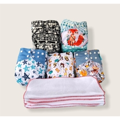 Kit “pra usar 1 dia”: 5 fraldas de pano ecológicas importadas de bolso (estampas a escolher) + 5 absorventes de 6 camadas de moletom (50% algodão + 50% poliéster)