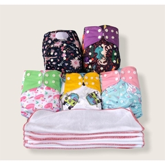 Kit “pra usar 1 dia”: 5 fraldas de pano ecológicas importadas de bolso (estampas a escolher) + 5 absorventes de 6 camadas de moletom (50% algodão + 50% poliéster) - comprar online