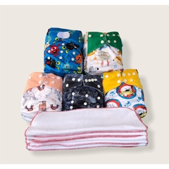 Kit “pra usar 1 dia”: 5 fraldas de pano ecológicas importadas de bolso (estampas a escolher) + 5 absorventes de 6 camadas de moletom (50% algodão + 50% poliéster) na internet