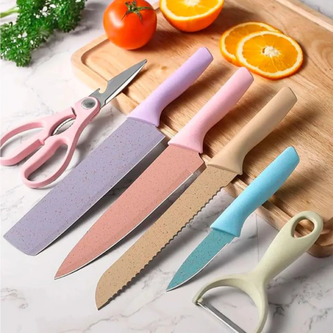 Set de 6 Piezas Cuchillos de Cocina Chef de Acero + Pelapapas y Tijera Colores Pastel