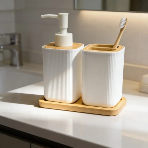Set De Baño 3 Piezas Dispensador Vaso Y Bandeja con Bambú