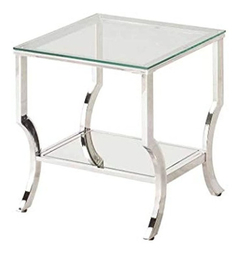 Mesa Auxiliar Con Estante De Vidrio y Metal Color Plateado.