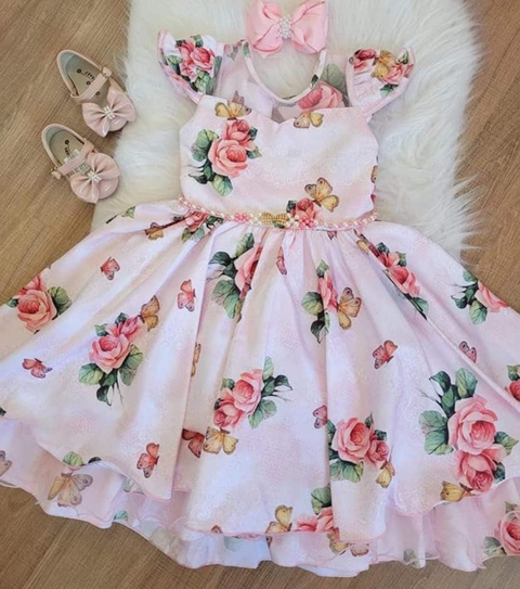 Vestido Festa Infantil Floral Rosa