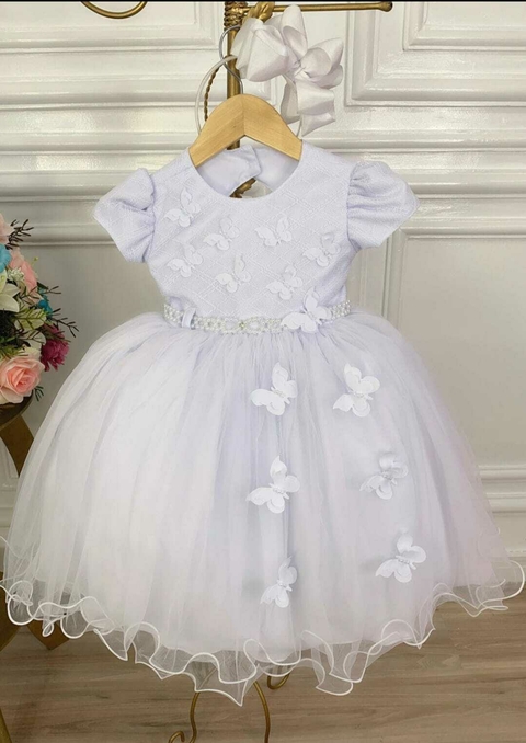 Vestido branco com aplicação de borboletas batizado - comprar online