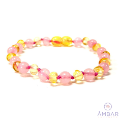PULSEIRA DE ÂMBAR ADULTO BARROCO MEL COM QUARTZO ROSA - 18 CM