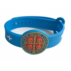 Pulseira Silicone Borracha De São Bento Com Regulagem na cor azul Católica