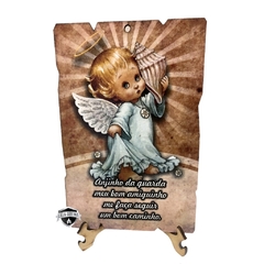 Lindo Quadro Decorativo Arte Sacra Anjo Da Guarda em MDF 14 x 19 cm (Bege modelo 3)
