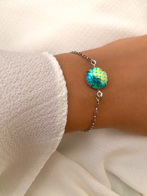 Pulseira em aço inox prata com escama de sereia hipoalergênico G08