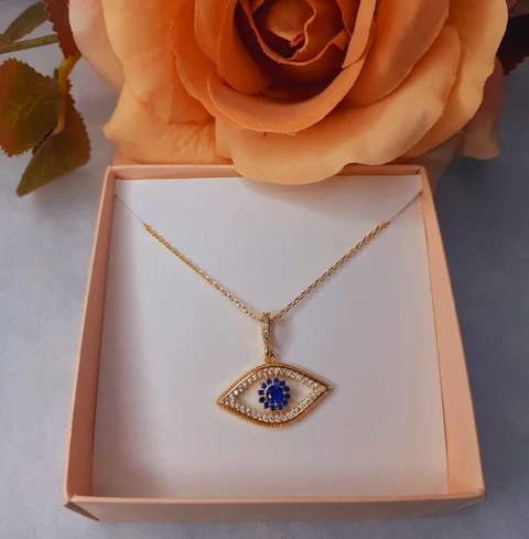 Colar Olho Grego crav. Safira F.ouro.
