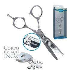 Tesoura Profissional com Lâmina Dentada em Aço Cromado com Botão Regulador de Tensão 14cm Chalesco - Bella Colmeia