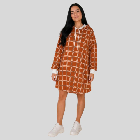Vestido Crepe Xadrez Feminino Manga Longa e Capuz